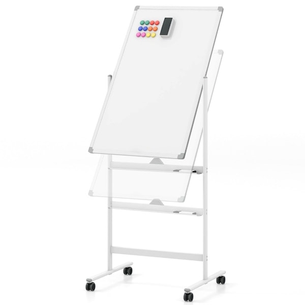 Dobbeltsidet mobil tavle med pennebakke & tilbehør til skolekontor 60 x 90 cm hvid