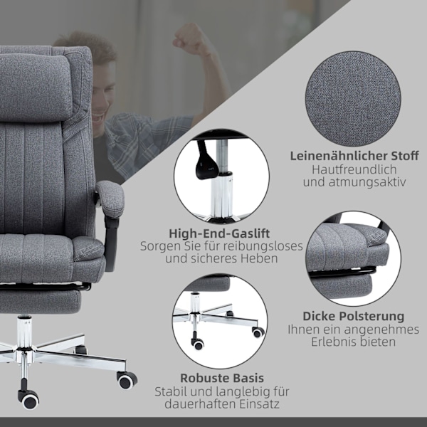 Kontorsstol med 5 massagelägen, ergonomisk skrivbordsstol med liggfunktion, höj- och sänkbar, fotstöd, linnelook, grå