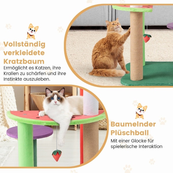 Litet kattträd med plattformar & jordgubbskula & krapstolpe