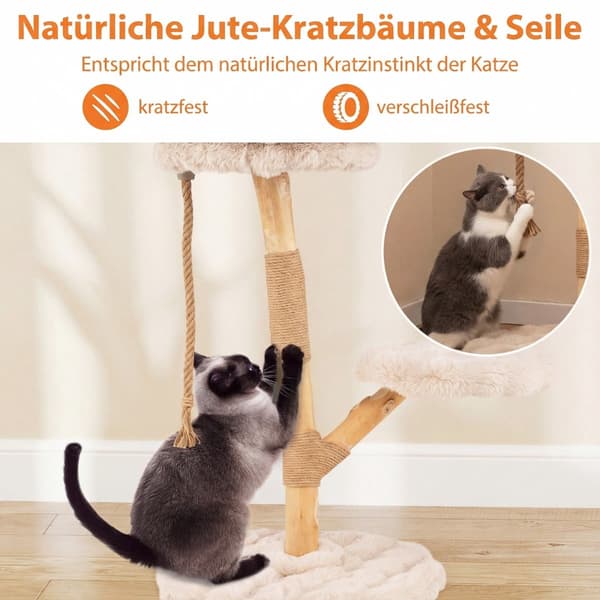 Kradsetræ med 3 plysplatforme, jutestolper, 90 cm, beige