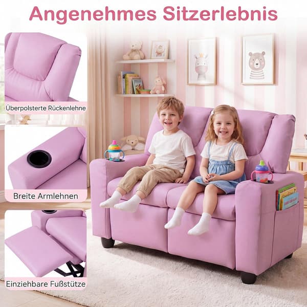 2-sits fåtöljsoffa med mugghållare för barn – rosa