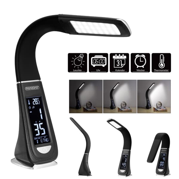 LED skrivebordslampe sort, multifunktionel med ur og kalender