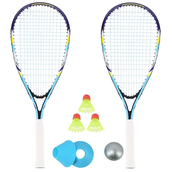 Crossminton-setti, jossa on 2 mailaa, sulkapallot, tussit ja pallo