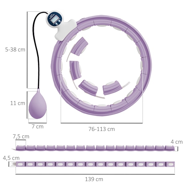 Smart Hula Hoop Voksne med Vægtboldtæller 16 knob (76-113cm) Justerbar Fitness Quiet Slankeudstyr Infinity Hula Hoop til vægttab, Fitness Lilla |