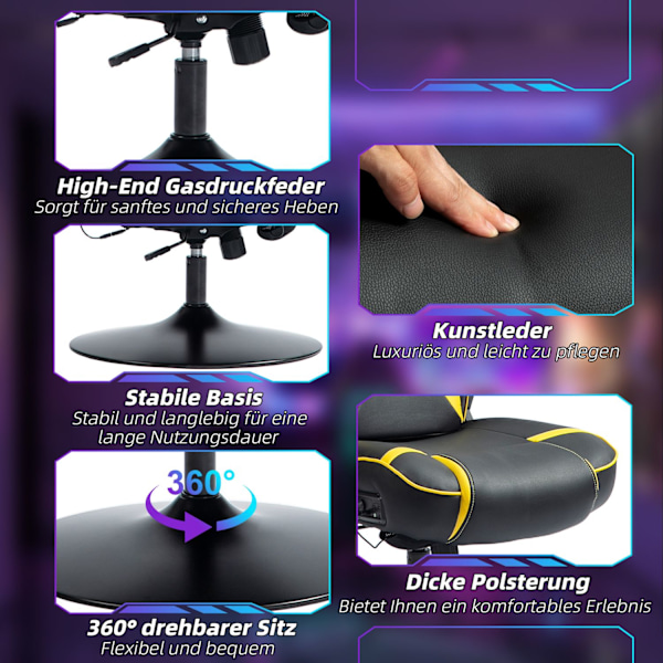 Pelituoli keinu- ja jalkatoiminnolla, ergonominen tietokonetuoli, korkeussäädettävä, pyörivä pöytätuoli kaiuttimella, kantavuus jopa 120 kg, musta + k