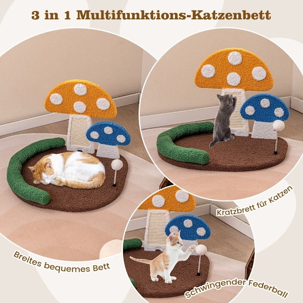 Kradsestolpe i svampelook med katteseng og sisal kradsebræt & fjerbold & nakkestøtte kattetræ