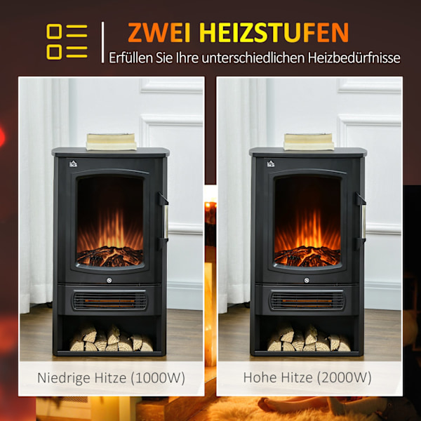 LED elektrisk pejs, fritstående pejs, pejs med flammeeffekt, 1000/2000W, indvendig varme, dekorativ pejs, 2 varmetrin 44,5x32x74cm for en hyggelig atm