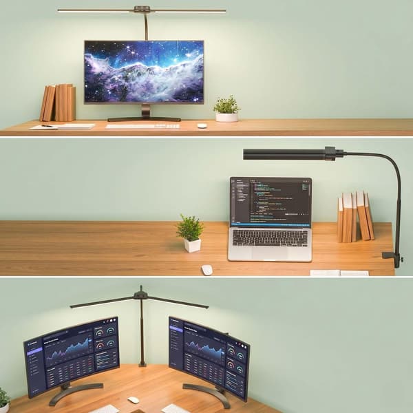 LED-skrivebordslampe med klemme, 61 cm, dobbelt hoved, USB-dæmpbar