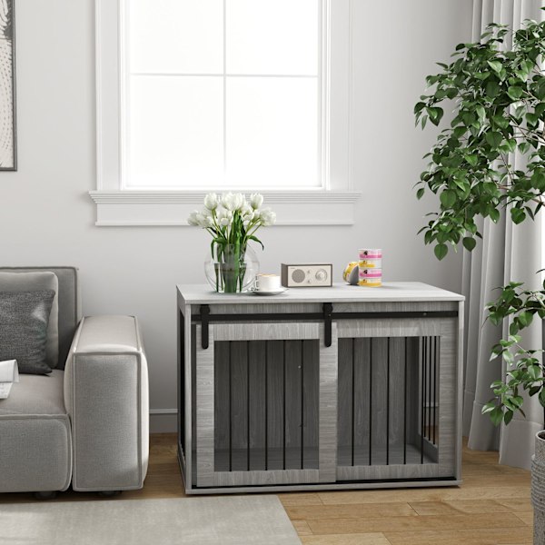 Koiran häkki kotiin, lukittava koirakennel sisäänkäynnillä, koiran laatikko liukuovella, koirankoti suurille alle 30 kg koirille, harmaa, 98 x 58 x 61