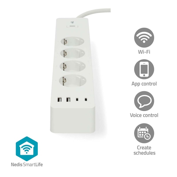 SmartLife Stikdåse | Wi-Fi | Hybrid (CEE 7/7) / USB A / USB-C™ | 16 A | 3680 W | 2.00 m | 0 - 55 °C | Android™ / IOS | Hvid