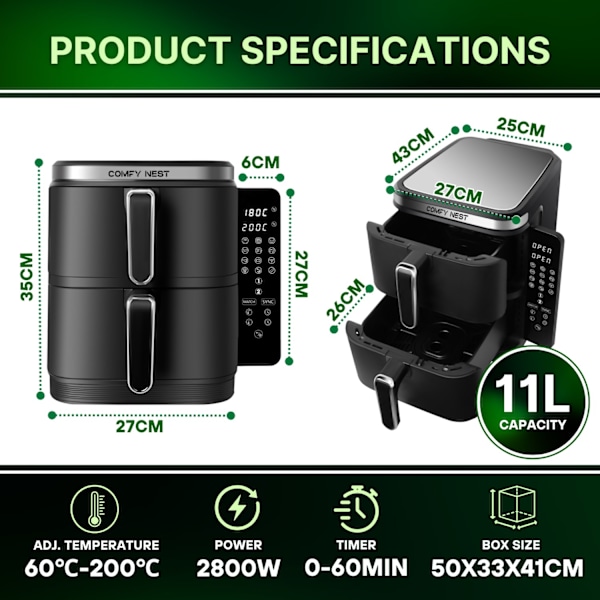 Comfy Nest CN-06177: 2 800 W Air Fryer med dubbelkorg med digital vikbar sidopanel - 11 L