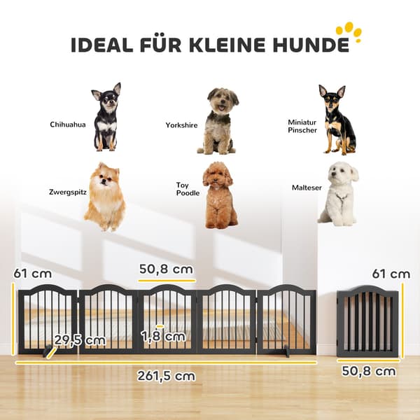 Fritstående hundegitter, foldbart, 5 paneler, sort, 261,5x29,5x61 cm