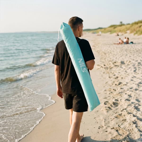 2-i-1 strandparasoll – vindskydd, UV, 180 cm golv