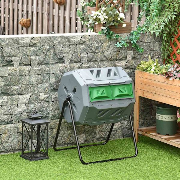 Drum Composter 160L Trädgårdskompostor Med 2 Kamrar Roterande Organiskt Avfall Grå Effektiv & Robust
