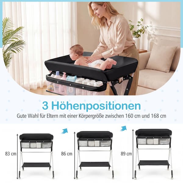 Bærbart, foldbart puslebord med justerbar højde, sort