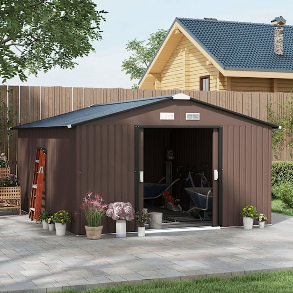 Verktygsbod 12,4 m², trädgårdsbod med taktak, skjutdörr, grund, 340 x 386 x 200 cm, verktygsbod av galvaniserat stål, väderbeständig, för trädgård, br