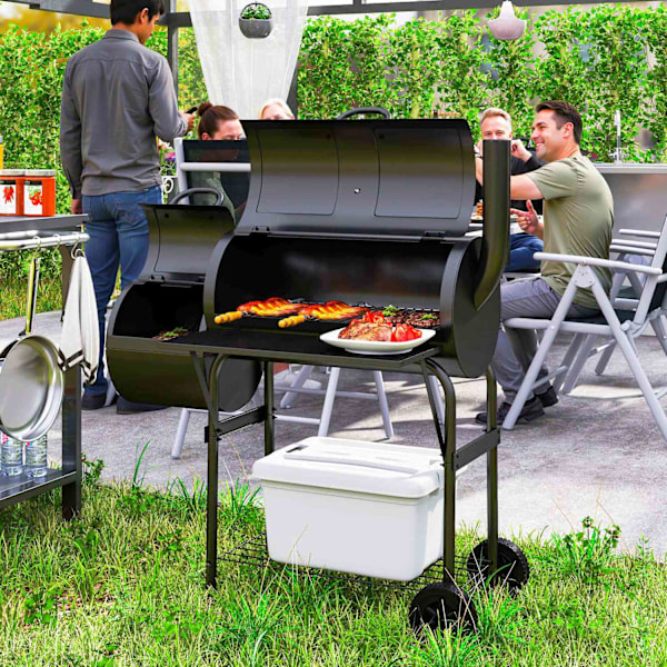 Kulgrill lavet af stål BBQ ryger med låg termometer hjul hylde mobil grillvogn med lufttilførsel kulbakke, kulgrill kulgrillvogn til grillcamping, hav