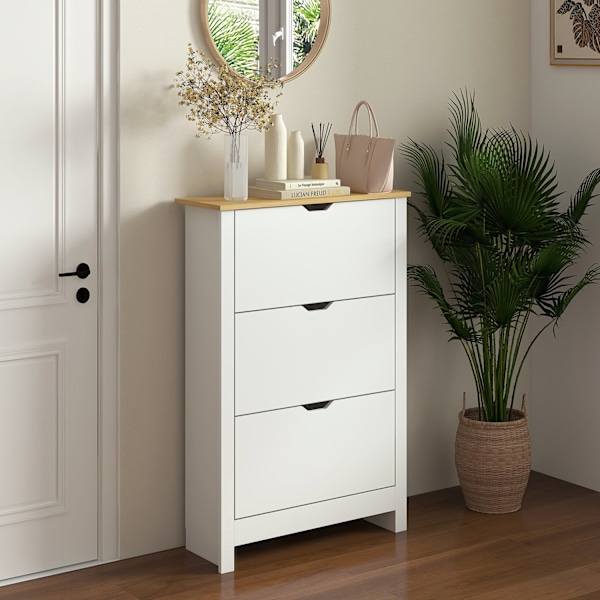 Skoskab, Skovipper, Skostativ Med 3 Klapper Til 18 Par Sko, Pladsbesparende Skofod, Hvid + Natur, 72 X 26 X 112 Cm