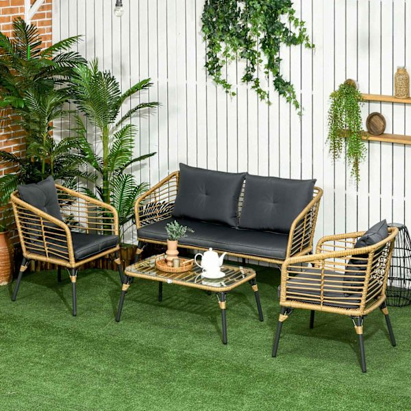 4-Delt Havemøbelsæt, Siddesæt I Rattan Med Hynder, Siddegruppe Med 3 Lænestole, 1 Sofabord, Altanmøbler I Boho-Stil Til 4 Personer, Sand + Mørkegrå