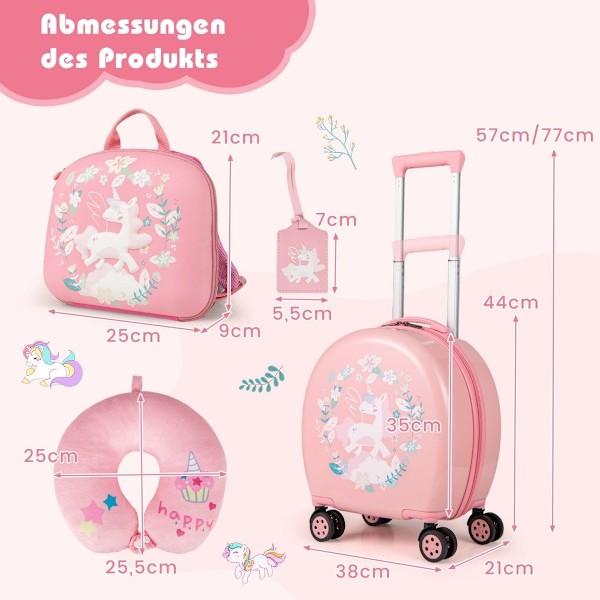 4-osainen lasten matkalaukku + reppu 10"+14" lasten vaunu renkailla pinkki