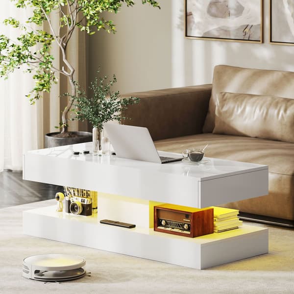 Sofabord med skuffer og LED-lys, Hvid MDF