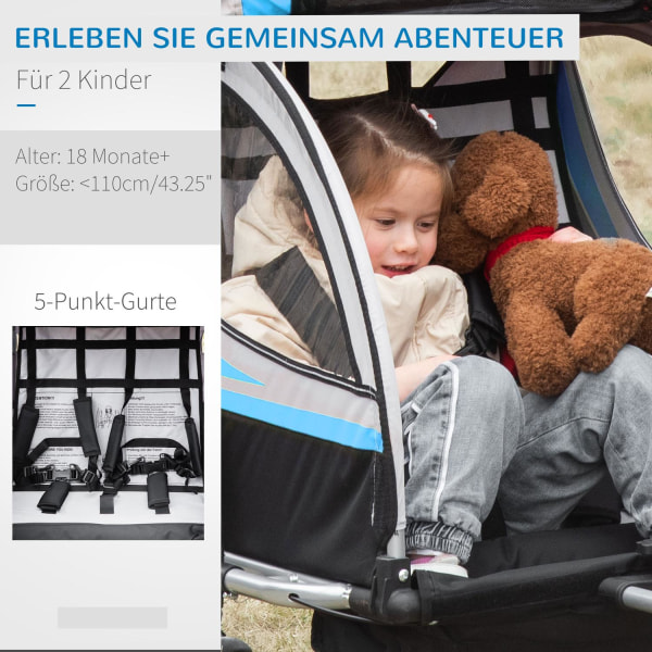 Cykelvagn 2 I 1 Barnvagn Buggy, 360° Roterbar, Stål Oxford, Blå+Svart