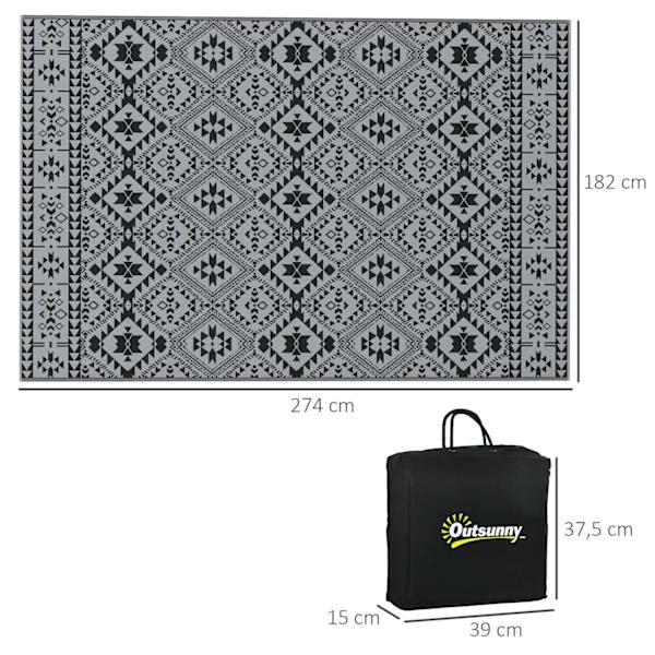 Udendørs Tæppe, Vandafvisende Plastik Tæppe, Vendbart, Til Camping & Gårdhave, Sort+Grå, 182X274Cm
