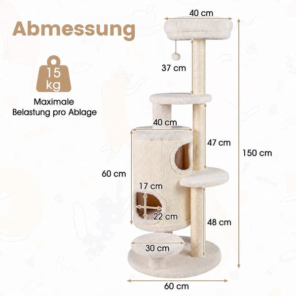 150 cm hvidt kradsetræ med 6 niveauer og 2 huler