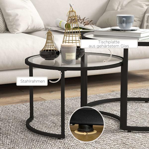Sofabord Sæt Af 2, Sidebord Med Sort Stålstel, Sofabord, Sofabord Med Hærdet Glas Bordplade, Delvis Stabelbar