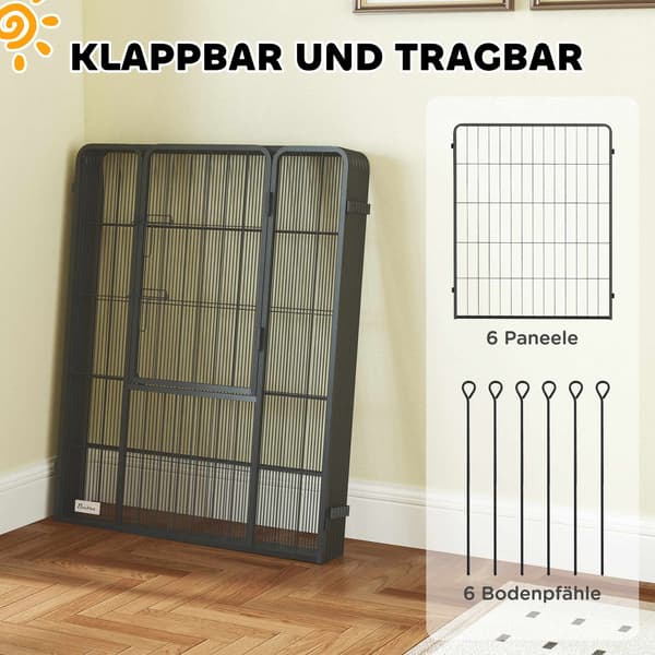 Hopfällbar lekhage i stål för husdjur, 6 paneler, grå