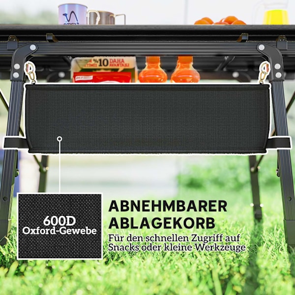 Campingbord, sammenklappeligt picnicbord med opbevaringskurv, bæretaske, højdejusterbart klapbord, til havefester, camping, grill, aluminiumssort Aoso