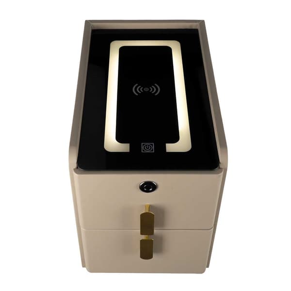 Beige natbord med LED-lys, USB-opladning, Bluetooth-højttaler