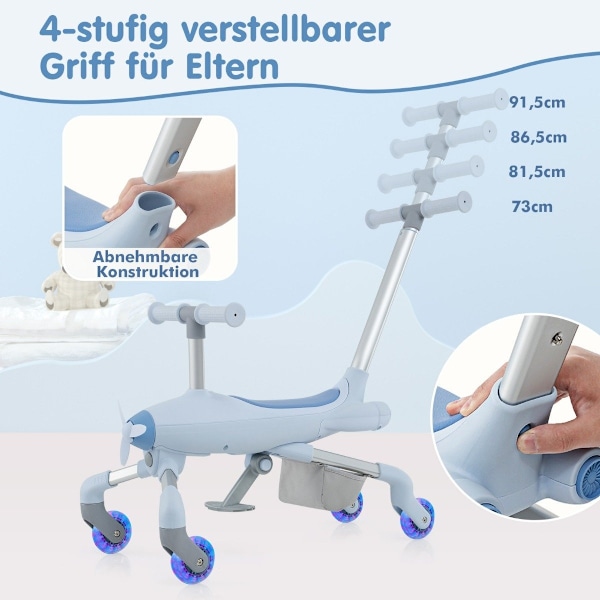 2-i-1 push-bil för barn push-bil i flygplansmotiv med LED-belysta hjul bärbar upp till 50 kg blå
