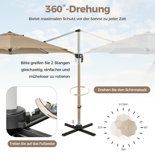Ø 330 cm parasol med håndsving &amp; UPF 50+ &amp; 360° roterende cantilever paraply haveparaply beige
