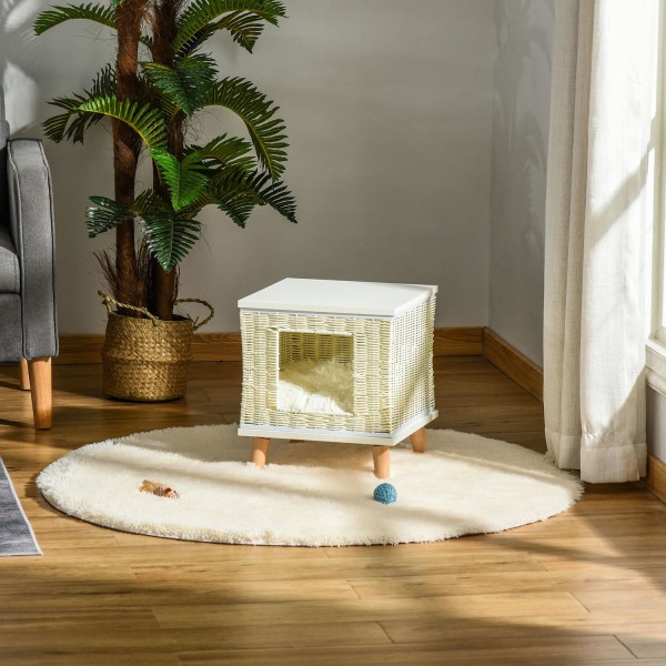 Rattan Cat Cave Naturlig Cat Soveplads Med Pude, Rattan Cat Kurv