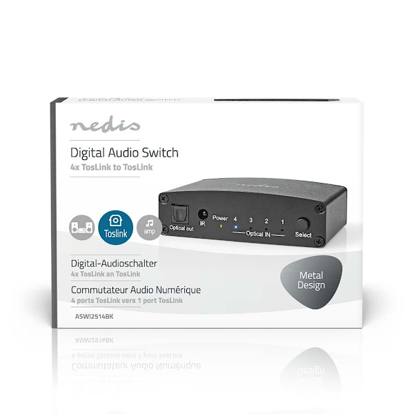 Digital Audio Switch | 4-vejs | Tilslutninger indgang: DC strøm / 4x TosLink | Tilslutninger udgang: TosLink Hun | Fjernbetjening / Manual / Trykknap