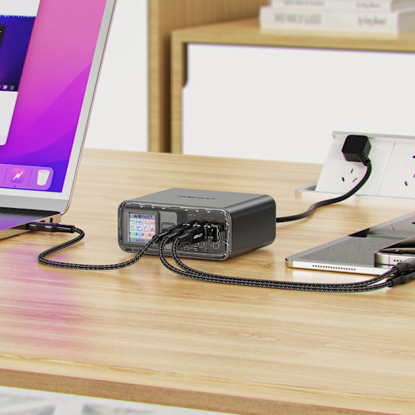 PD 218W GaN laddare kraftstation med 4 portar 3x USB-C + USB-A grå