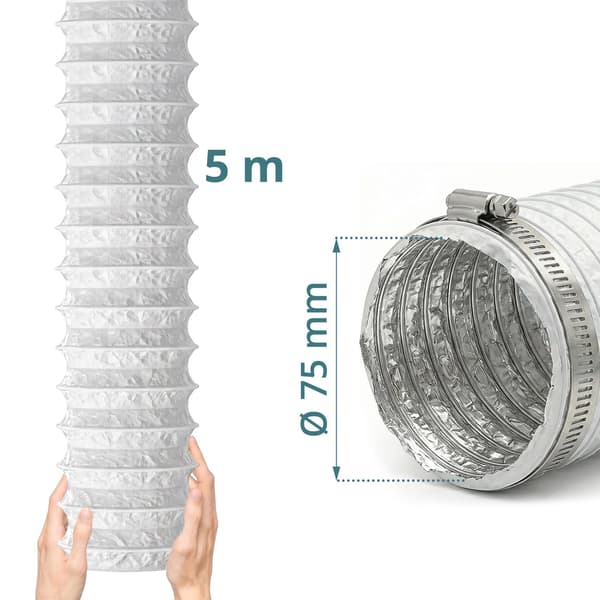 Fleksibel hvid udluftningsslange, 5m - 75mm diameter