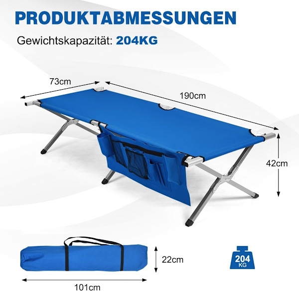 Campingsäng tältsäng hopfällbar bäddsäng bäddsäng campingsäng lastbar upp till 204 kg 190 x 73 x 42cm blå