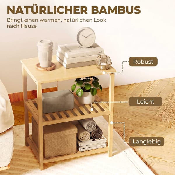 Sidobord i bambu, 3-våningars ribbor, naturlig finish