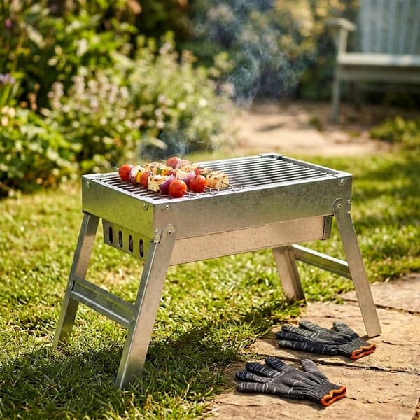 Sammenklappelig kulgrill i rustfrit stål med handsker