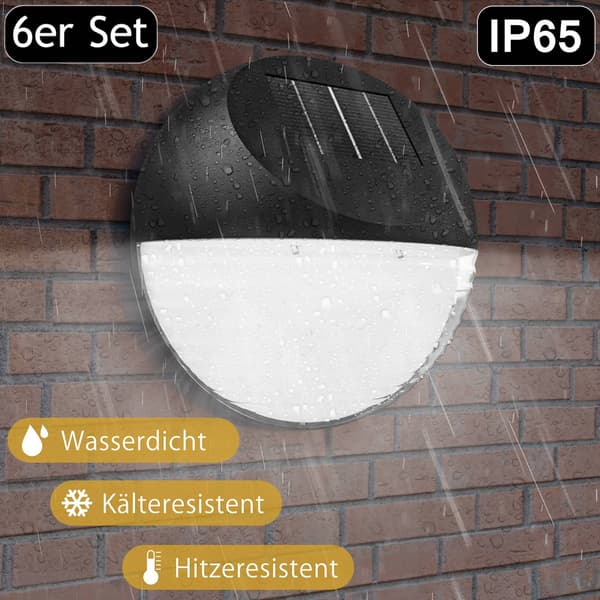 LED solcellevæglamper, 6-pak, automatisk skumringssensor