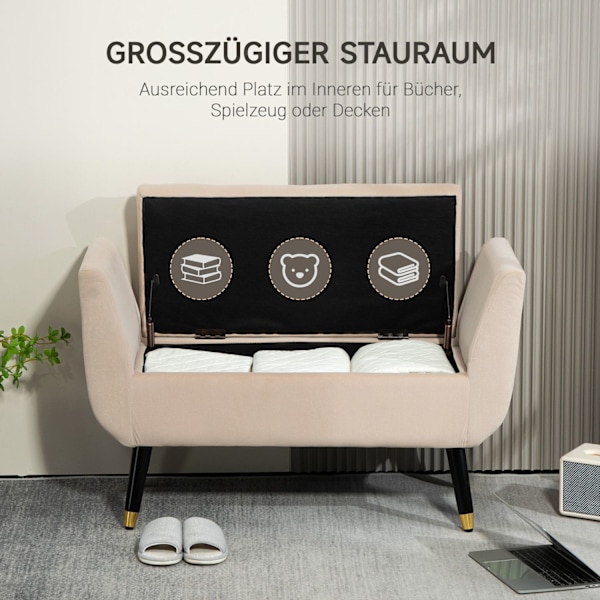 Ylellinen penkki verhoiltu penkki säilytystilalla käsinojat rintapenkki samettinen polyesteri kumi puu beige 107 x 42 x 65 cm