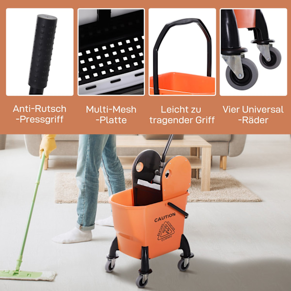 Städvagn, städvagn med vridare, 26 liters städhink, mobil hink, torkvagn, krok för mopp, hushållsvagn med 4 hjul, orange