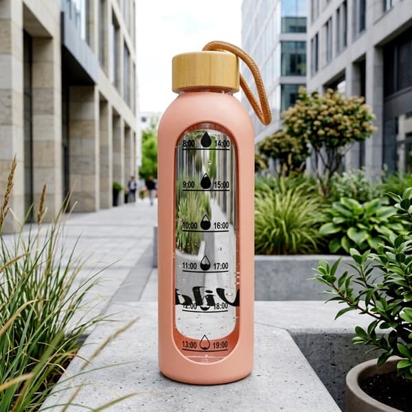 Glasvattenflaska med bambulock, silikonhylsa, 600 ml