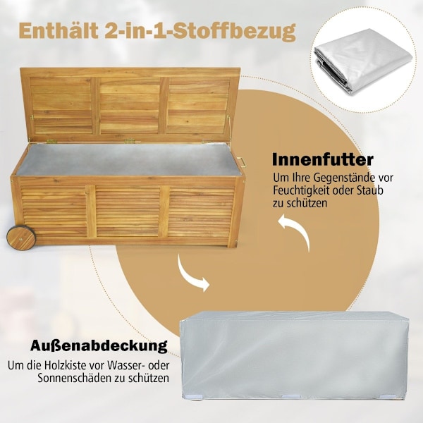 182L havekasse i træ på hjul med vandtæt inderpose & håndtag 127 x 50 x 45 cm