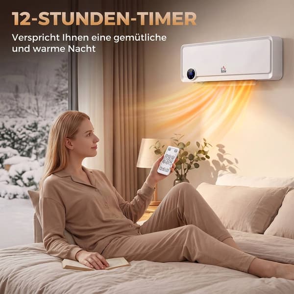 Väggvärmefläkt 2000 W med fjärrkontroll och LED-display, vit, 12-timmars timer
