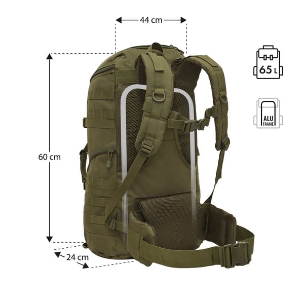 Taktisk ryggsäck, 65L, grön, utomhuscamping