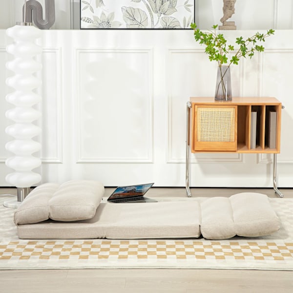 Foldbar gulvstol, med 6-trins justerbart ryglæn, tyk sædepolstring, sengefunktion, hørlook, 70 x 41 x 56 cm, brun