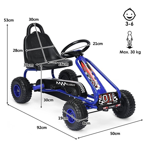 Gokart Go Cart med håndbremse pedal bil 30kg pedal køretøj pedal køretøj 3-6 år blå